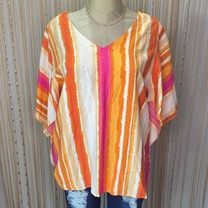 Vibrant Striped V-Neck Blouse - Orange, Pink, White